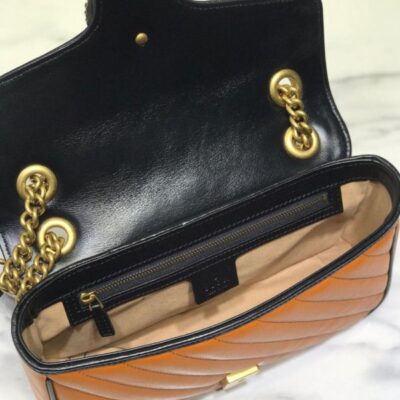 Gucci GG Marmont Small Tan Diagonal Matelasse Flap Bag Women Fashion Black Trimming Brass Logo Buckle Chain Bag 26CM