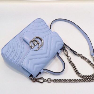 Gucci GG Marmont Mini Single Top Handle Shiny Silver GG Logo Buckle Waved Stripe Motif Light Blue Leather Shoulder Bag UK