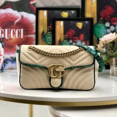 Gucci GG Marmont Beige Raffia Women Small Flap Bag Antique Golden Hardware 2022 Cheapest Green Snakeskin Trimming Chain Bag