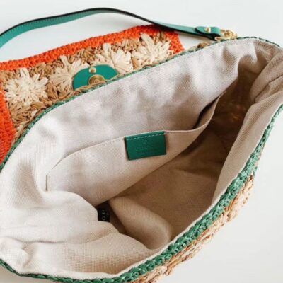 Gucci GG Marmont Red & Green Web Trimming Golden GG Logo Decoration Female Viscose Raffia Braided Flower Motif Chain Bag