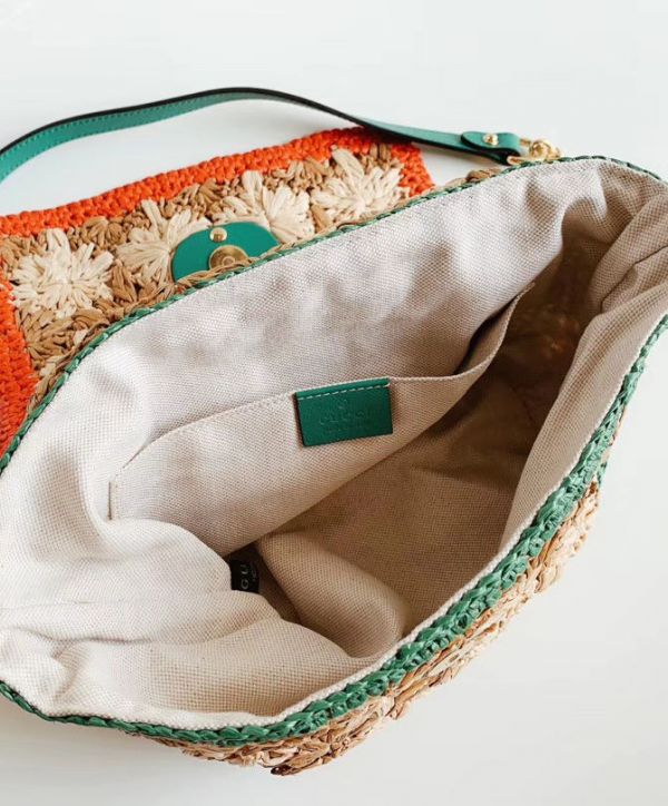 Gucci GG Marmont Red & Green Web Trimming Golden GG Logo Decoration Female Viscose Raffia Braided Flower Motif Chain Bag