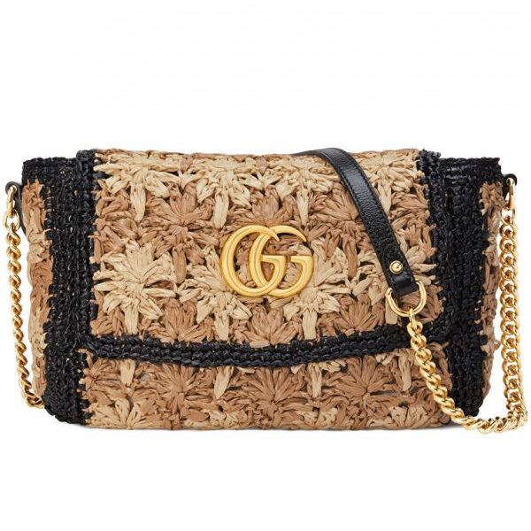 Gucci GG Marmont Crochet Flower Pattern Gold Logo Buckle Women Beige & Camel Viscose Raffia Flap Crossbody Bag