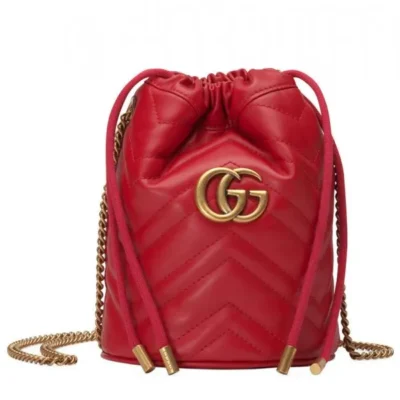 Gucci GG Marmont Double G Decoration Back Heart Detail Brass Strap Women Red Matelasse Chevron Leather Mini Buckle Bag