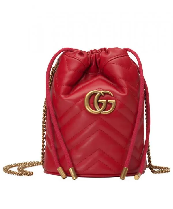 Gucci GG Marmont Double G Decoration Back Heart Detail Brass Strap Women Red Matelasse Chevron Leather Mini Buckle Bag