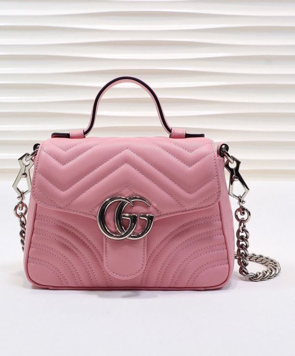 759480e9121a1dc609cfe0895a47f871 Gucci GG Marmont Silver Chain Shoulder Strap GG Logo Flap Female Pink Quilted Leather Single Top Handle Bag 2022 Price