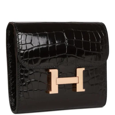 محفظة Hermès Constance Compact أسود لامع Alligator Rose إكسسوارات معدنية ذهبية