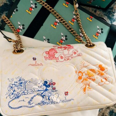 Gucci GG Marmont Disney x Colorful Mickey & Minnie Mouse Printing Brass Logo Buckle 2022 Female New Chain Flap Handbag Cream