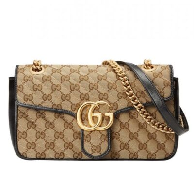 79389398833a83bc8bb91ceedc87066b Gucci GG Marmont Logo Pattern Double G Magnetic Buckle Apricot Canvas & Black Leather Female Shiny Golden Chain Handbag 443497 HVKEG 9772