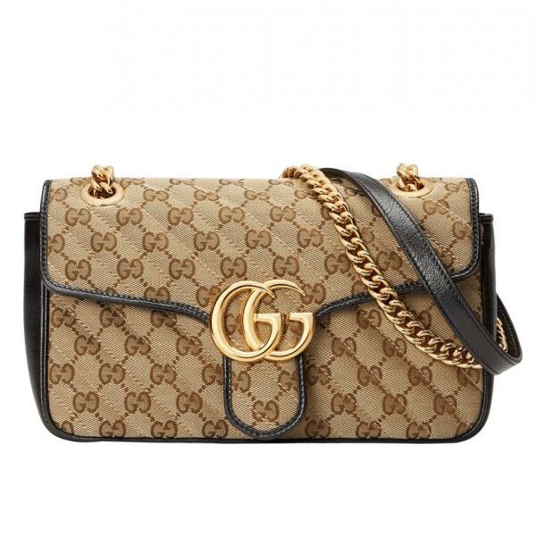 Gucci GG Marmont Logo Pattern Double G Magnetic Buckle Apricot Canvas & Black Leather Female Shiny Golden Chain Handbag 443497 HVKEG 9772