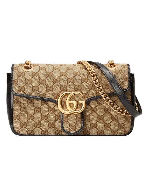 79389398833a83bc8bb91ceedc87066b Gucci GG Marmont Logo Pattern Double G Magnetic Buckle Apricot Canvas & Black Leather Female Shiny Golden Chain Handbag 443497 HVKEG 9772