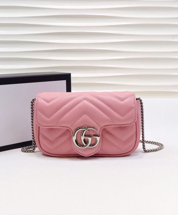 7d4079d537c3520e56157c134b108eba Gucci GG Marmont Waved Design Silver GG Buckle Women Latest Pink Quilted Super Mini Flap Handbag For Sale