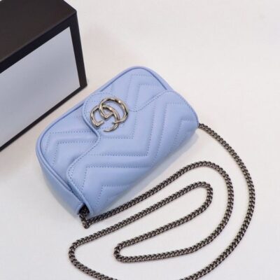 Gucci GG Marmont Silver Logo Magnetic Buckle Light Blue Super Mini Chain Bag Women Fashion Chevron Design Crossbody Bag