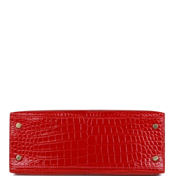 Hermès Kelly Sellier 25 Braise Shiny Porosus Crocodile Gold Hardware