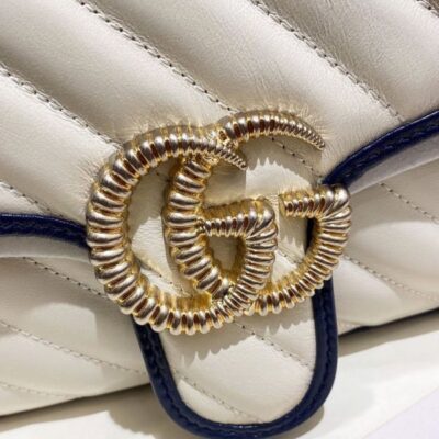 Gucci GG Marmont White Striped Quilted Leather Navy Trimming Brass Buckle & Shoulder Strap Women Cheapest Small Flap Crossbody Bag