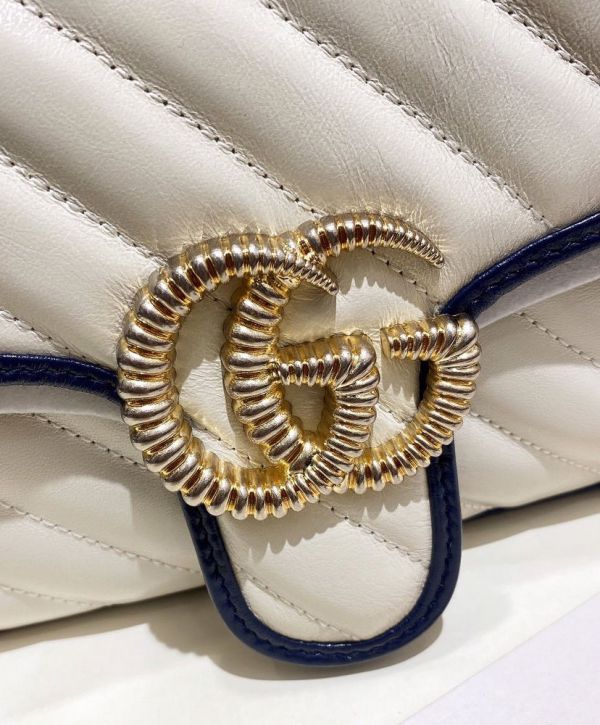Gucci GG Marmont White Striped Quilted Leather Navy Trimming Brass Buckle & Shoulder Strap Women Cheapest Small Flap Crossbody Bag