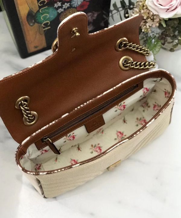 8032f8fca6868a8636b8689eaf3a48c6 حقيبة كتف نسائية غوتشي GG Marmont Raffia Snakeskin Trimming Brass شعار Spring إغلاق حلقة كتف بحزام باللون البيج