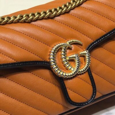 Gucci GG Marmont Small Tan Diagonal Matelasse Flap Bag Women Fashion Black Trimming Brass Logo Buckle Chain Bag 26CM