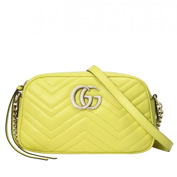 Gucci GG Marmont Chevron Design Silver GG Logo Signature Lemon Yellow Quilted Leather Small Chain Shoulder Bag Ladies New