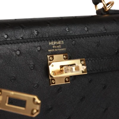 Hermès Kelly Sellier 25 Black Ostrich Gold Hardware