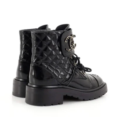 Chanel Women's Chain CC Cap Toe Lace Up Combat Boots Quilted Shiny Calfskin