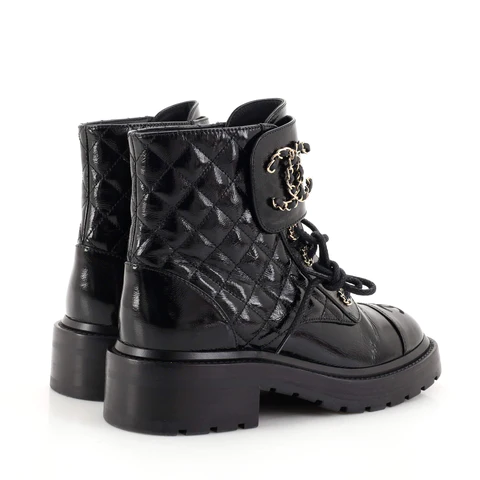 Chanel Women's Chain CC Cap Toe Lace Up Combat Boots Quilted Shiny Calfskin