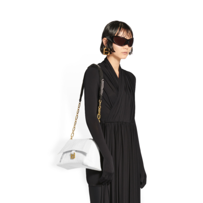 WOMEN'S DOWNTOWN SMALL SHOULDER BAG WITH CHAIN CROCODILE EMBOSSED IN WHITE