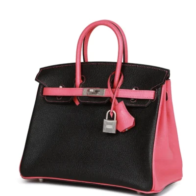 Hermès Special Order HSS Birkin 25 Rose Azalee Chèvre gebürstet Tasche in Schwarz mit Palladiumbeschläge