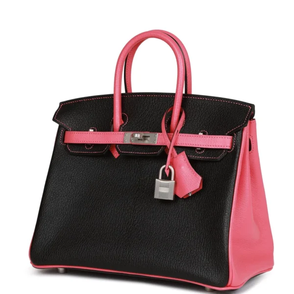 Hermès Special Order HSS Birkin 25 Rose Azalee Chèvre gebürstet Tasche in Schwarz mit Palladiumbeschläge