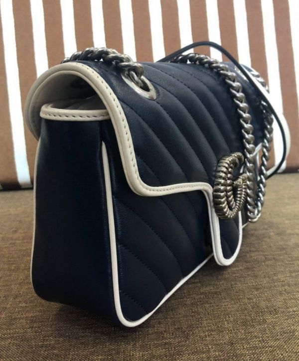 حقيبة نسائية غوتشي GG Marmont Diagonal Line Trimming Chian كتف بحزام Hot Selling بغطاء صغيرة من الجلد باللون الأزرق الداكن والأبيض والذهبي مبطنة