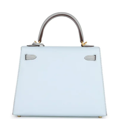 Hermès Special Order (HSS) Kelly Sellier 25 Bleu Brume and Bleu Glacier Epsom Brushed Gold Hardware