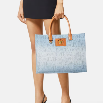 VERSACE ALLOVER LARGE DENIM TOTE BAG