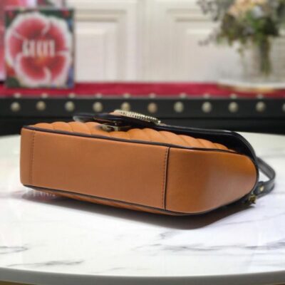 Gucci GG Marmont Small Tan Diagonal Matelasse Flap Bag Women Fashion Black Trimming Brass Logo Buckle Chain Bag 26CM