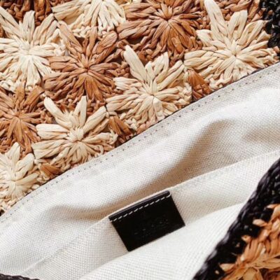 Gucci GG Marmont Crochet Flower Pattern Gold Logo Buckle Women Beige & Camel Viscose Raffia Flap Crossbody Bag