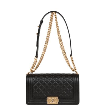 حقيبة متوسطة Chanel Boy أسود كافيار عتيق إكسسوارات معدنية ذهبية