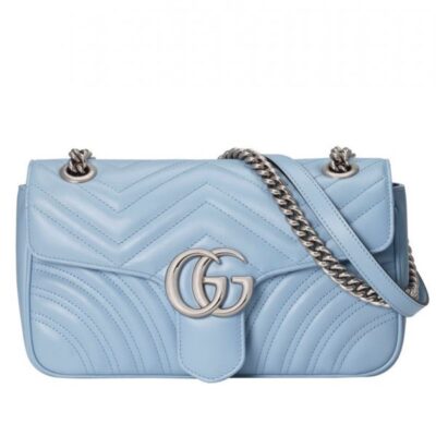 Gucci GG Marmont Silver GG Logo Buckle Chain Shoulder Strap Small Light Blue Quilted Leather Shoulder Bag For Ladies USA