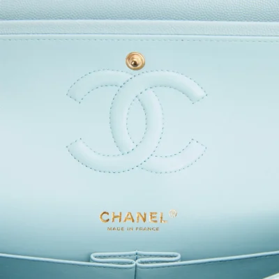 Chanel Medium Classic Double Flap Bag Blue Quilted Caviar Light Gold Hardware