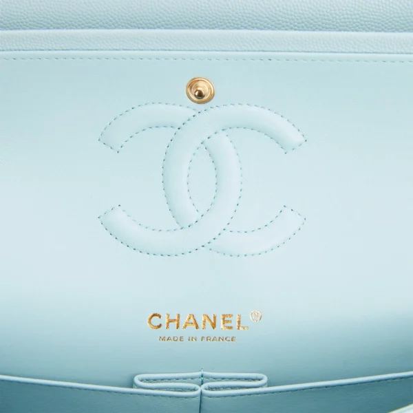 Chanel Medium Classic Double Flap Bag Blue Quilted Caviar Light Gold Hardware