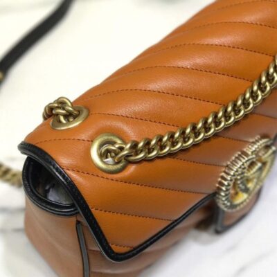 Gucci GG Marmont Small Tan Diagonal Matelasse Flap Bag Women Fashion Black Trimming Brass Logo Buckle Chain Bag 26CM