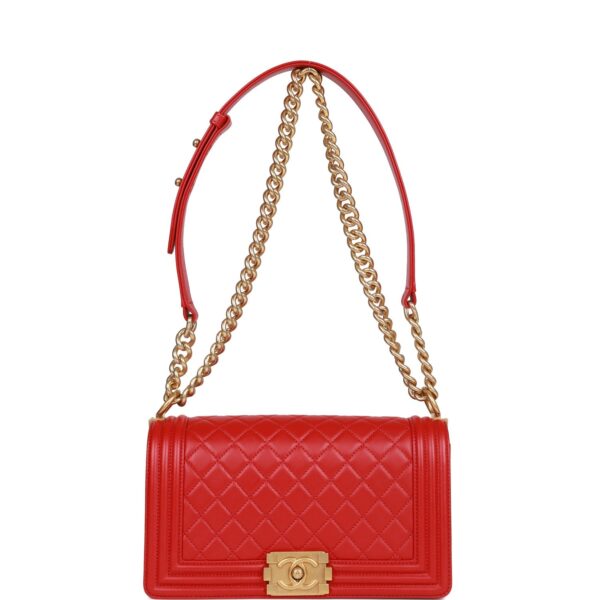Chanel Medium Boy Bag Red Lambskin Antique Gold Hardware