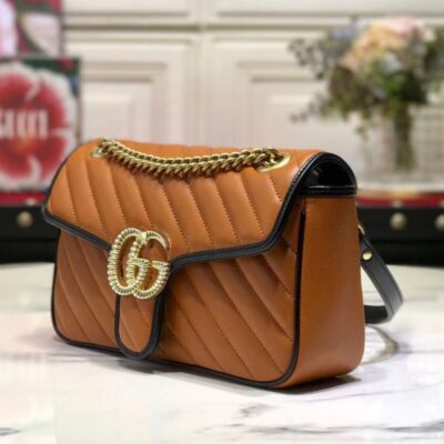 Gucci GG Marmont Small Tan Diagonal Matelasse Flap Bag Women Fashion Black Trimming Brass Logo Buckle Chain Bag 26CM