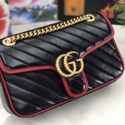 Gucci GG Marmont Red Trimming Twisted Brass Logo Buckle Chain Strap Women Diagonal Design Fashion Black Matelasse Leather Flap Bag