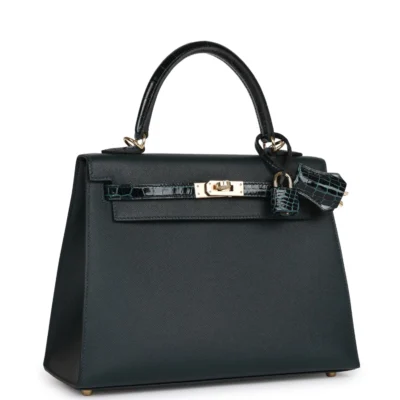 Hermès Kelly Sellier 25 Vert Rousseau Madame and Shiny Niloticus Crocodile Touch Gold Hardware