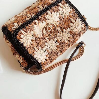 Gucci GG Marmont Crochet Flower Pattern Gold Logo Buckle Women Beige & Camel Viscose Raffia Flap Crossbody Bag