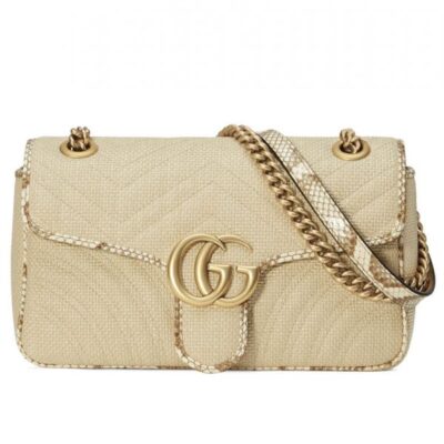 94d93f1f4b5a52f834ab6f4df4b2819c حقيبة كتف نسائية غوتشي GG Marmont Raffia Snakeskin Trimming Brass شعار Spring إغلاق حلقة كتف بحزام باللون البيج
