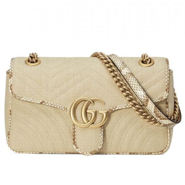 Gucci GG Marmont Raffia Snakeskin Trimming Brass Logo Spring Closure Link Shoulder Strap Women Shoulder Bag Beige