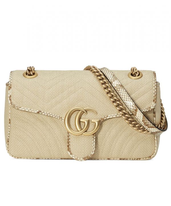 94d93f1f4b5a52f834ab6f4df4b2819c حقيبة كتف نسائية غوتشي GG Marmont Raffia Snakeskin Trimming Brass شعار Spring إغلاق حلقة كتف بحزام باللون البيج