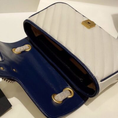 Gucci GG Marmont White Striped Quilted Leather Navy Trimming Brass Buckle & Shoulder Strap Women Cheapest Small Flap Crossbody Bag