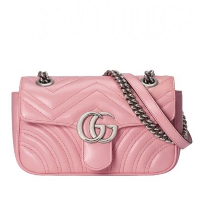 Gucci GG Marmont Silver GG Logo Buckle Back Heart Pattern Chain Shoulder Strap Pink Matelasse Chevron Leather Mini Bag
