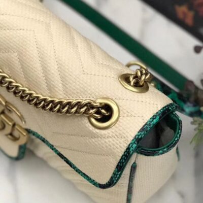 Gucci GG Marmont Beige Raffia Women Small Flap Bag Antique Golden Hardware 2022 Cheapest Green Snakeskin Trimming Chain Bag
