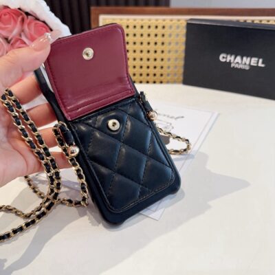 Chanel Style Quilted Leather Phone Case with Crossbody Chain & Card Pocket